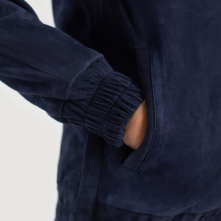 Womens Zest Blue Hooded Suede Pullover Jacket Close-Up-9-1686937511837